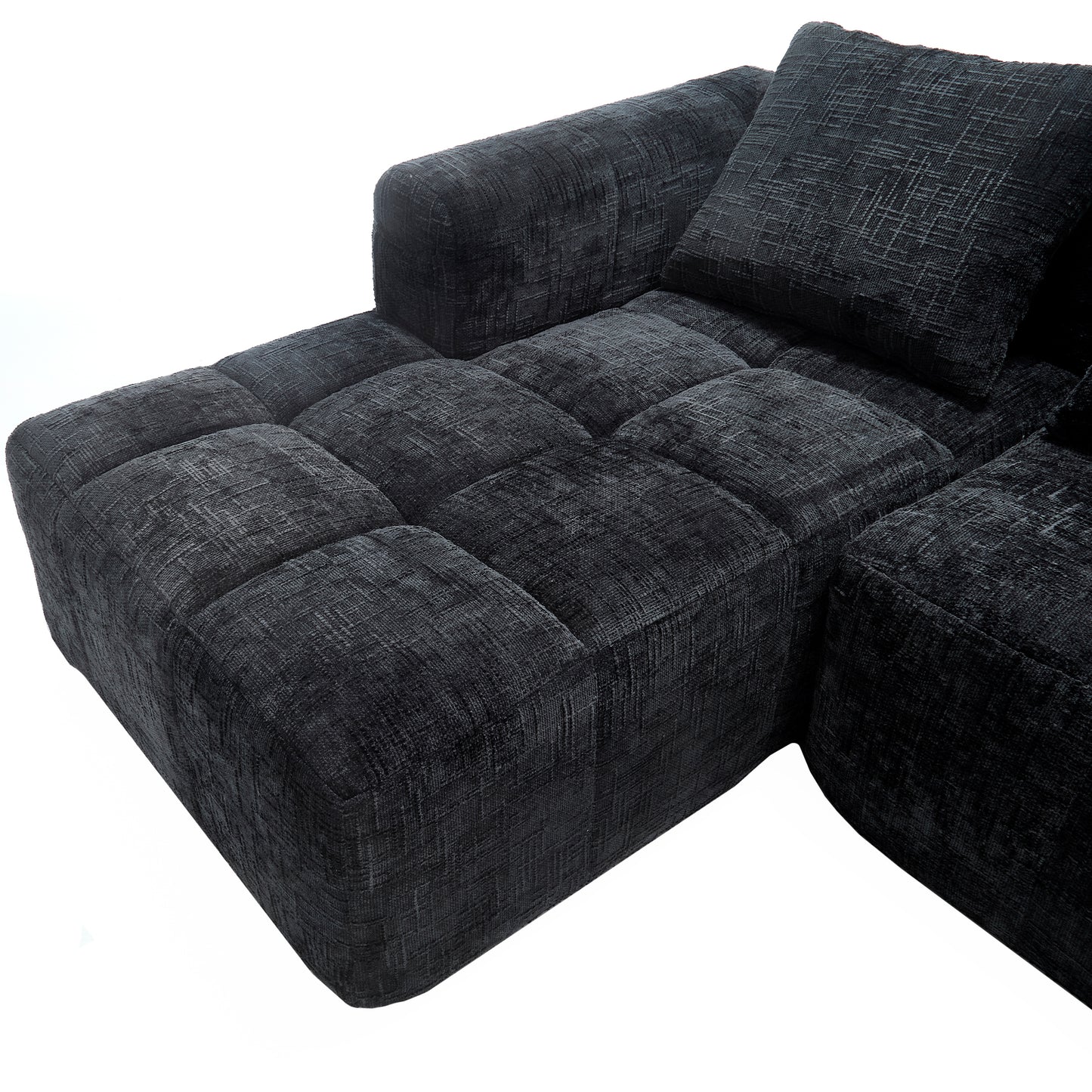 Modernes Sektionssofa, L-Sofa, 3-Sitzer-Sofa, keine Installation erforderlich, Chenille-Sofa mit Chaiselongue und Armlehnen, 3 Kissen, Seitentasche für Fernbedienung, Schwarz