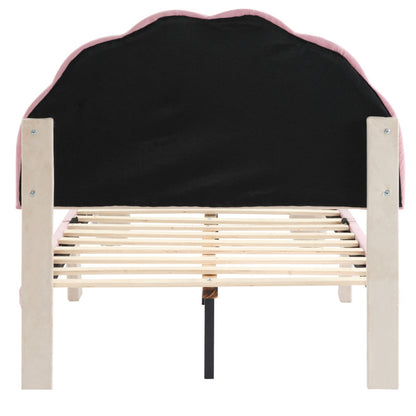 Polsterbett mit mehrfarbigen, wechselnden LED Lichtstreifen, Kopfteil mit Wellenschliff, mit gepolsterter runden Beine, Kinderbett mit Holzlatten, Einzelbett, Samt, Beige+Rosa, 90x200cm