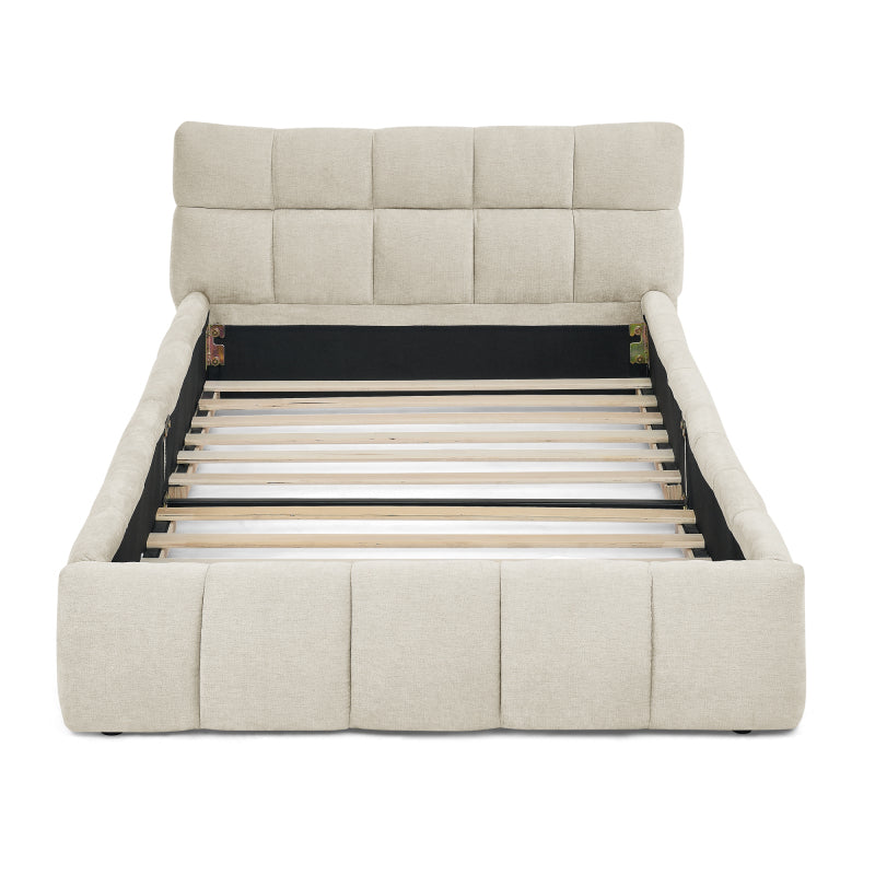 Einzelbett 90*200 cm, Kinderbett mit seidig weichem Chenille - Bezug, quadratischem Steppdesign, Beige (ohne Matratze)