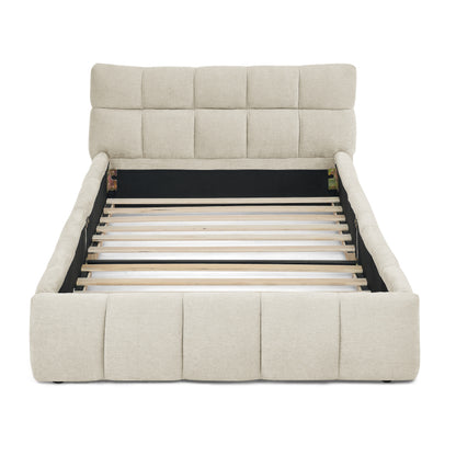 Einzelbett 90*200 cm, Kinderbett mit seidig weichem Chenille - Bezug, quadratischem Steppdesign, Beige (ohne Matratze)
