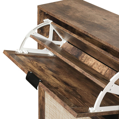 Schuhschrank mit vier Türen, Rattan-Optik, doppeltem Regal, mit Rückwand, geeignet für Flure und ähnliche Bereiche, Retrobraun