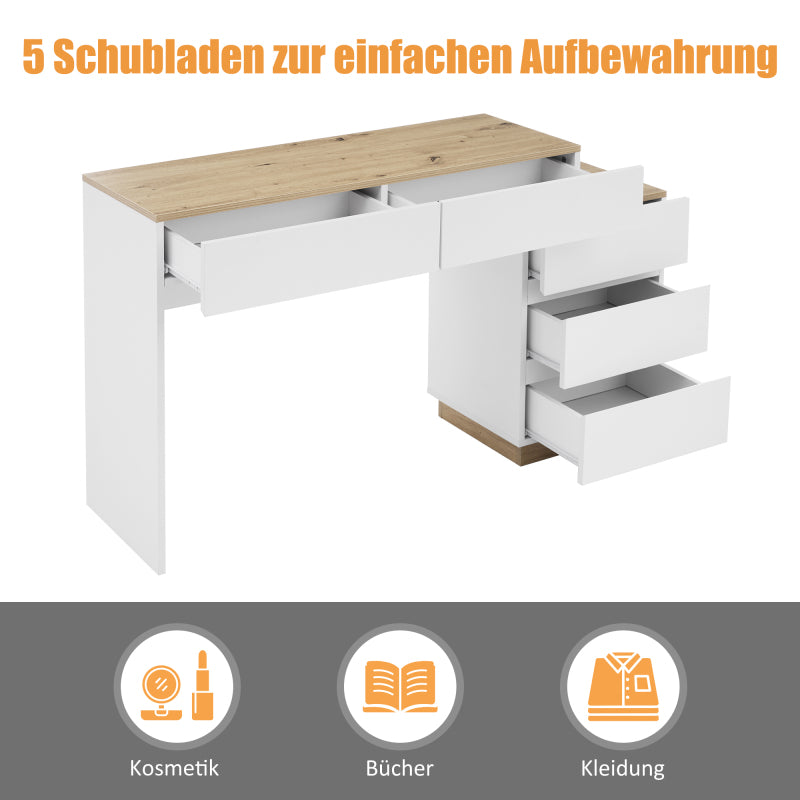 Schreibtisch mit 5 Schubladen,Frisiertisch, Funktion von Aufbewahrung, für Schlafzimmer , E1-Spanplatte, weiß+oak
