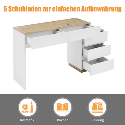 Schreibtisch mit 5 Schubladen,Frisiertisch, Funktion von Aufbewahrung, für Schlafzimmer , E1-Spanplatte, weiß+oak