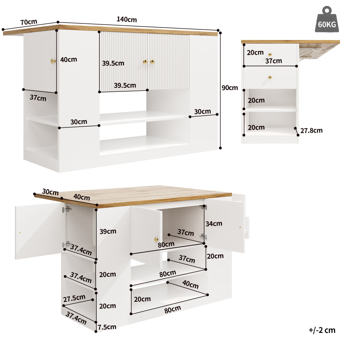 Moderne Kücheninsel Weiß, Küchenschrank mit klappbarer Arbeitsplatte, Sideboard mit Schubladen & Regalen, Esstisch & Servierwagen, 140x70cm