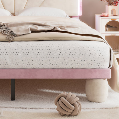 Polsterbett mit mehrfarbigen, wechselnden Lichtstreifen, Kopfteil mit Wellenschliff, mit gepolsterter runden Beine, Kinderbett, Jugendbett mit Holzlatten, Doppelbett, Samt, Beige+Rosa, 140x200cm