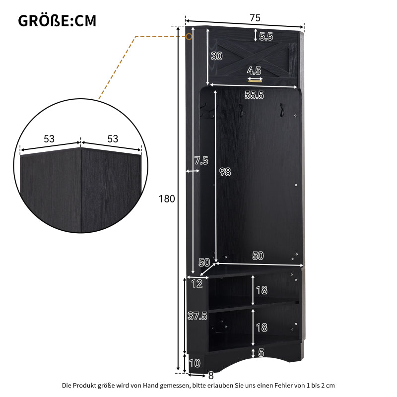 Garderoben-Set Moderner Garderobenschrank, Flurgarderobe, 4 hängenden Haken Schwarz,Maße: B53/ /53/H180 cm