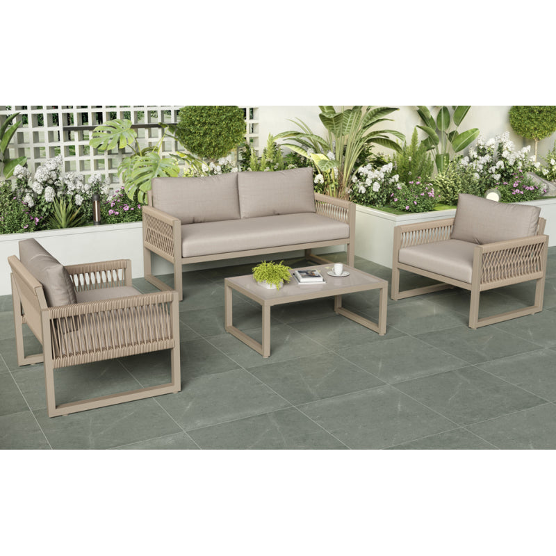 Garten-Lounge-Set mit verzinktem Eisenrahmen, Gartenmöbel-Set aus Seil, Lounge-Set aus khakifarbenem Seil mit Sitzkissen, verstellbaren Füßen, glatter Glasplatte, 4er-Set, inklusive aller Kissen