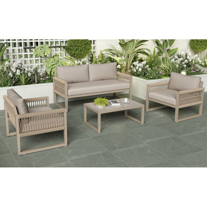 Garten-Lounge-Set mit verzinktem Eisenrahmen, Gartenmöbel-Set aus Seil, Lounge-Set aus khakifarbenem Seil mit Sitzkissen, verstellbaren Füßen, glatter Glasplatte, 4er-Set, inklusive aller Kissen