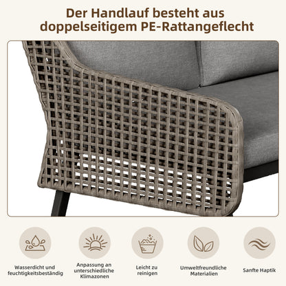 Gartenmöbel-Set für 6-7 Personen, Outdoor-Lounge-Set, Rattan-Handwerk, mit zwei Tischen, mit verzinktem Eisengestell, verstellbare Beine, inklusive aller Sitz- und Rückenkissen, grau