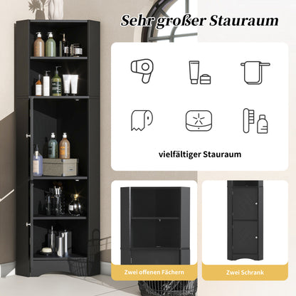 Badschrank, Badmöbel, Eckschrank mit zwei Ablagefächern, offenes Fach mit verstellbarem Einlegeboden, 36.5x 36.5 x 155 cm, schwarz