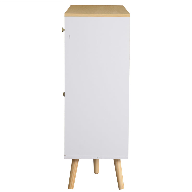 Sideboard mit 3 Schubladen und 3 gebogenen Türen mit breitem Schrank aus gehärtetem Glas für Buffettische in Küchen und Esszimmern, weiß und natur