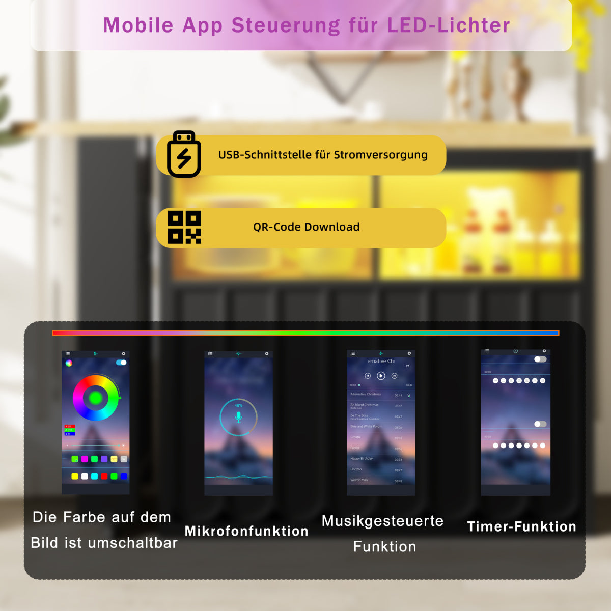 Ausziehbarer Bartisch 135-205cm mit LED & USB, Mobiler Hochtisch Schwarz, Teleskop-Kücheninsel mit Glas-Schiebetür & Soft-Close, Gestreift