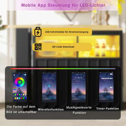 Ausziehbarer Bartisch 135-205cm mit LED & USB, Mobiler Hochtisch Schwarz, Teleskop-Kücheninsel mit Glas-Schiebetür & Soft-Close, Gestreift