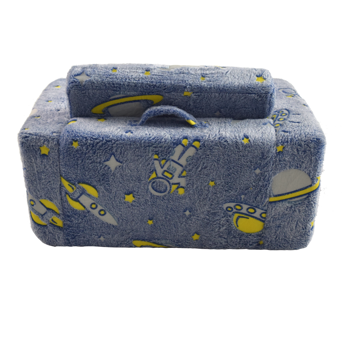 Klappbares Kindersofa Plüsch, Astronauten Muster leuchtend, waschbar, Blau/Grün