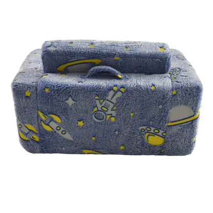 Klappbares Kindersofa Plüsch, Astronauten Muster leuchtend, waschbar, Blau/Grün