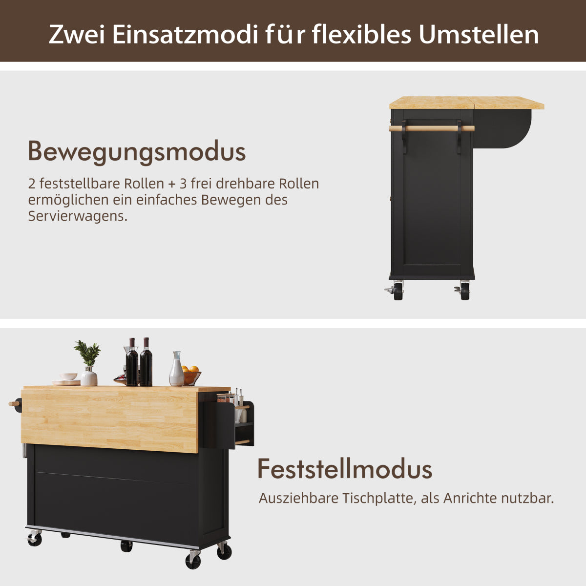 Kücheninsel mit Rollen & Glastüren, klappbare Arbeitsplatte, mobiler Servierwagen mit Schublade & Regal, Küchenwagen Schwarz & Holzoptik