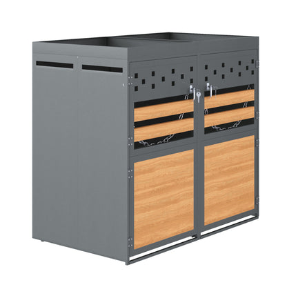 Mülltonnenbox 2er mit Pflanzdach, 120-240 Liter, Anthrazit  Tür in Holzoptik inkl. Erweiterungsmöglichkeit ,Aufbewahrungsbox für Mülltonnen, Müllbox (Das Produkt enthält keinen eingebauten Mülleimer)