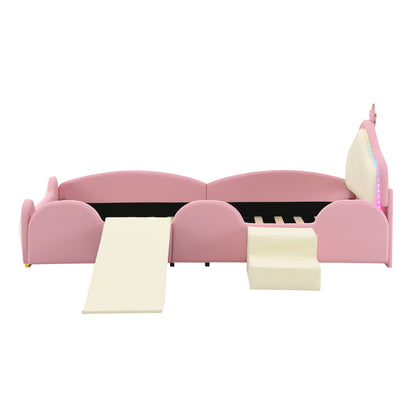 Polsterbett, Crown Cartoon Bett, Mit Multi-Mode-LED-Streifen, Kinderbett mit kleiner Rutsche und Treppe, mit schützenden weichen Kanten, mit Holzlatten, PU, Rosa + Beige, 90x200cm