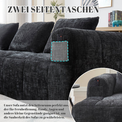 Modernes Sektionssofa, L-Sofa, 3-Sitzer-Sofa, keine Installation erforderlich, Chenille-Sofa mit Chaiselongue und Armlehnen, 3 Kissen, Seitentasche für Fernbedienung, Schwarz