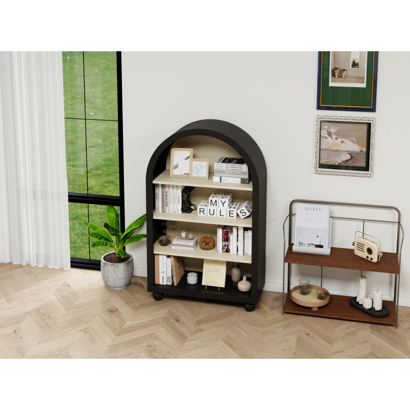Schwarzes Bücherregal mit bogenförmigem Design, Höhe 120 cm, geeignet für Wohnzimmer, Schlafzimmer, Arbeitszimmer und Büro