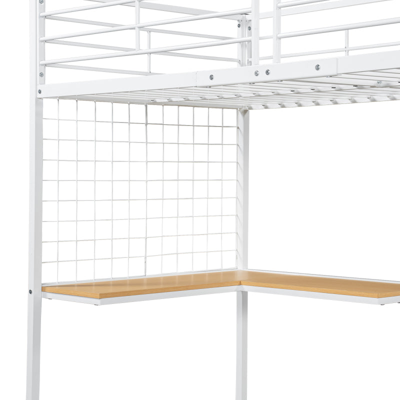 Eisenbett, Etagenbett, Hochbett, Geeignet für Kinder und Jugendliche, mit Tisch und Kleiderschrank, Seitenleiter mit Handlauf, Eisen+Spanplatte, Weiß+Natur, 90x200cm
