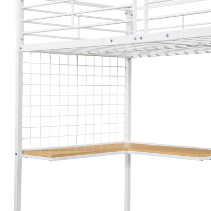 Eisenbett, Etagenbett, Hochbett, Geeignet für Kinder und Jugendliche, mit Tisch und Kleiderschrank, Seitenleiter mit Handlauf, Eisen+Spanplatte, Weiß+Natur, 90x200cm
