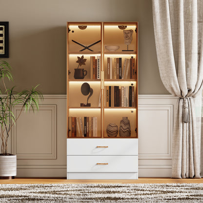 Badezimmerschrank, mittel, mit Lichtleiste, 75 cm breit, mit 2 großen Schubladen und 2 Türen, Glastür