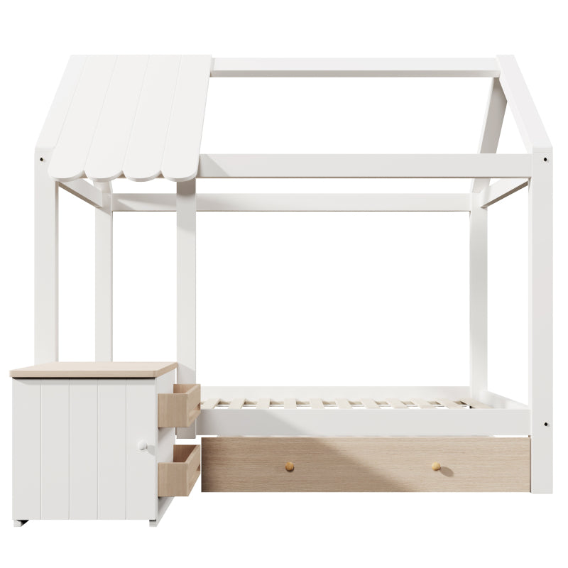 Hausbett Kinderbett 90x200 cm aus Massivholz mit Schubladen & abnehmbarem Nachttisch - Bodenbett in Weiß und Eichenweiß, ohne Matratze