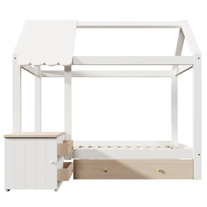 Hausbett Kinderbett 90x200 cm aus Massivholz mit Schubladen & abnehmbarem Nachttisch - Bodenbett in Weiß und Eichenweiß, ohne Matratze