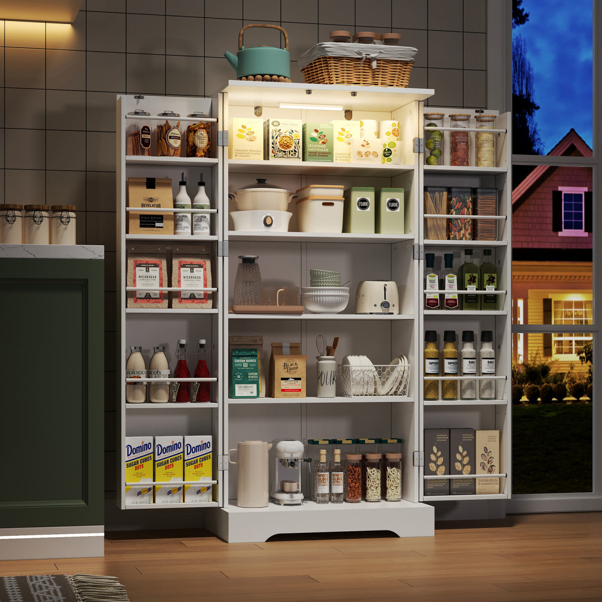 Hochschrank Weiß (60x128x35 cm), Küchenschrank mit LED-Sensorlicht