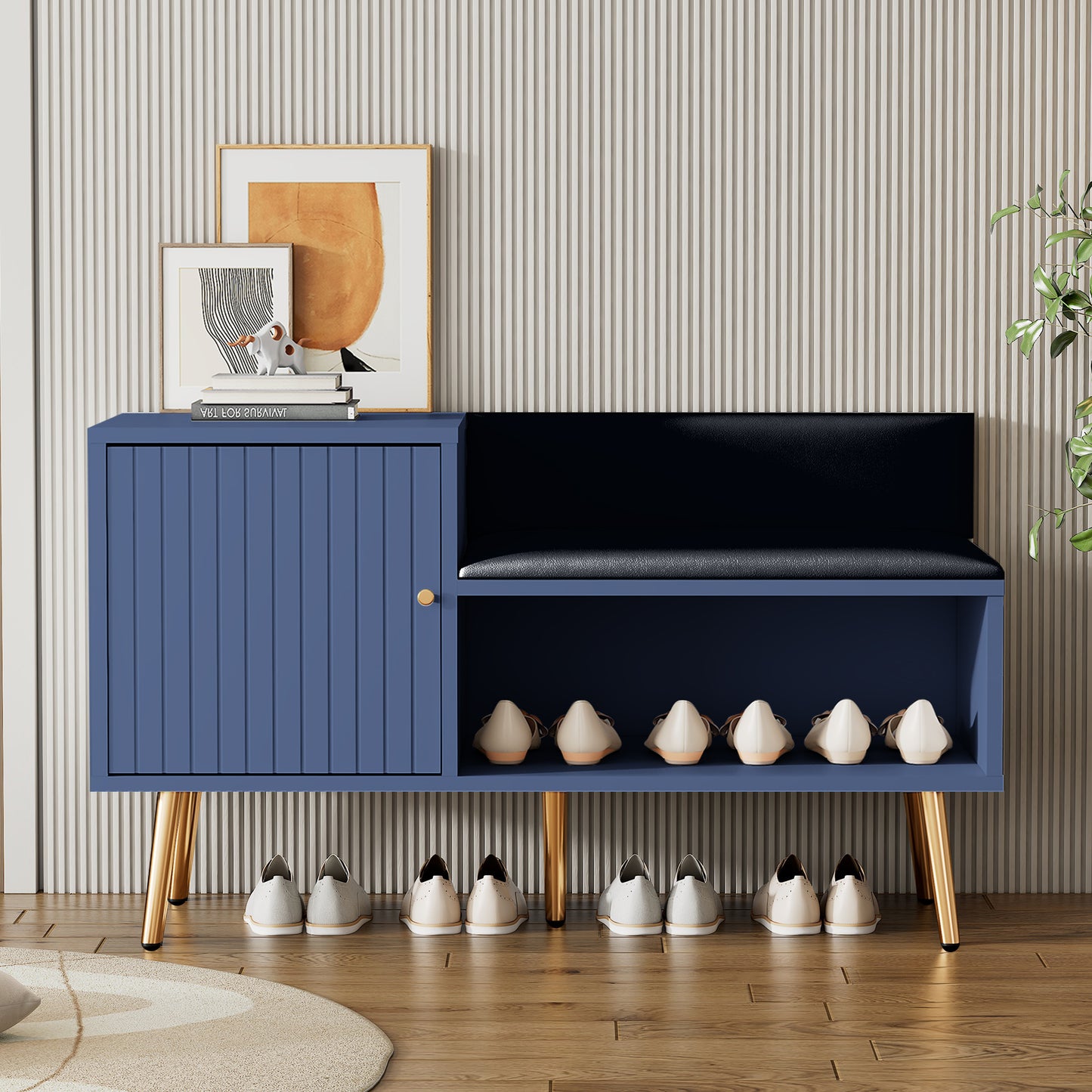 Moderne luxuriöse Schuhtruhe in Blau mit Stauraum, gepolsterter Sitzbank und Rückenlehne, Perfekt für den Eingangsbereich