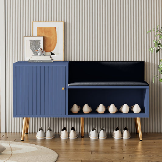 Moderne luxuriöse Schuhtruhe in Blau mit Stauraum, gepolsterter Sitzbank und Rückenlehne, Perfekt für den Eingangsbereich