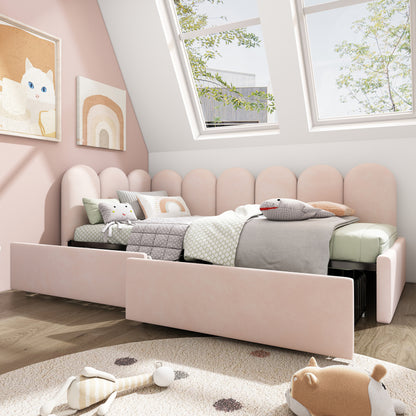 Polsterbett Einzelbett mit Schubladen Stauraumbett Samt Daybett Tagesbett Schlafsofa 90x190cm mit Lattenrost Jugendbett und Erwachsene Kinderbett,Rosa(Ohne Matratze)