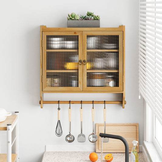 63CM Glass Door Vintage Double Door Wall Cabinet With Three Tiers of Storage With Towel Rack,for Bathroom, Kitchen,,Dining Room,,Original Wood Color
