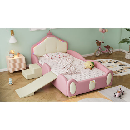 Polsterbett, Crown Cartoon Bett, Mit Multi-Mode-LED-Streifen, Kinderbett mit kleiner Rutsche und Treppe, mit schützenden weichen Kanten, mit Holzlatten, PU, Rosa + Beige, 90x200cm