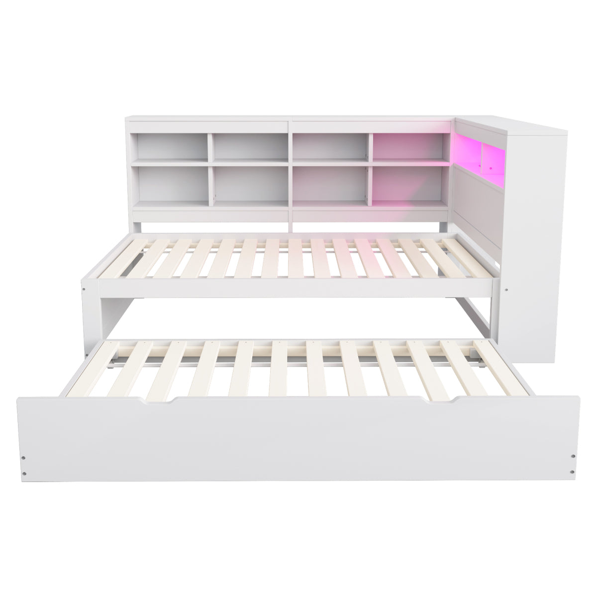 Massivholz-Einzelbett 90x200 Weiß mit Ausziehbett - Multifunktionales Schlafsofa inkl. LED, USB-Steckdose, Regalen & viel Stauraum, Weiß