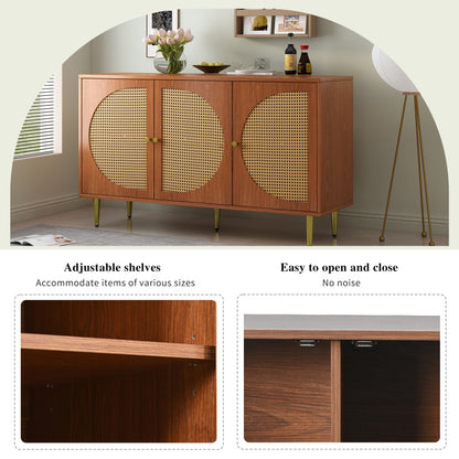 Sideboard mit 3 Rattan verzierten Türen Kommode Highboard mit Metallgriffe, für Schlafzimmer & Wohnräume & Büro, Nussbaum 129.8x 40x 76cm