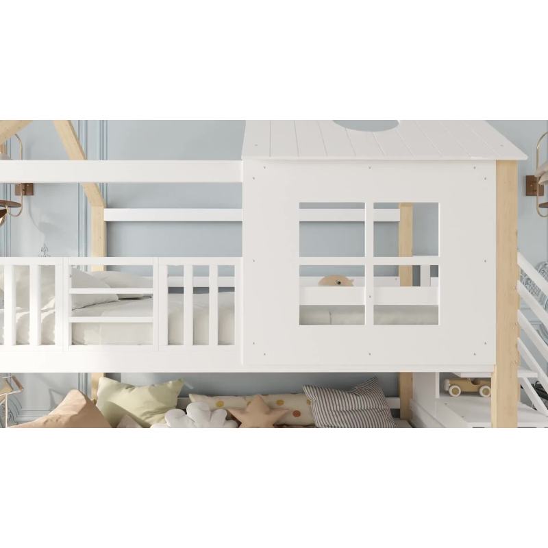 Etagenbett mit Aufbewahrungstreppe, Hausbett, Kinderbett, mit Fallschutzgitter, mit Fenster und Dach, Kiefer+MDF, Weiß+Natur, 90x200cm
