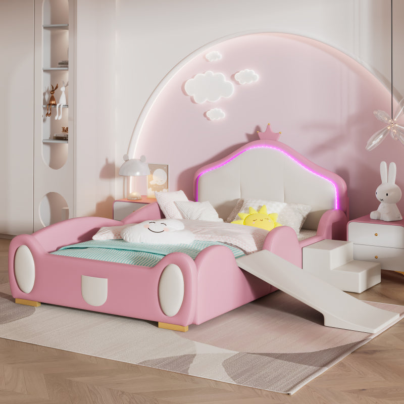 Polsterbett, Crown Cartoon Bett, Mit Multi-Mode-LED-Streifen, Kinderbett mit kleiner Rutsche und Treppe, mit schützenden weichen Kanten, mit Holzlatten, PU, Rosa + Beige, 90x200cm
