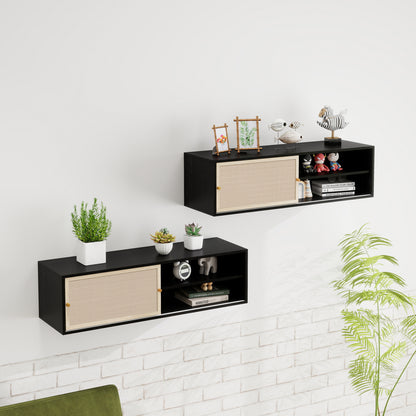 Sideboard 110x40x31 cm, TV-Schrank oder Hängeschrank, Kunst-Rattan Schiebetüren, Goldgriffe, Verstellbare Böden