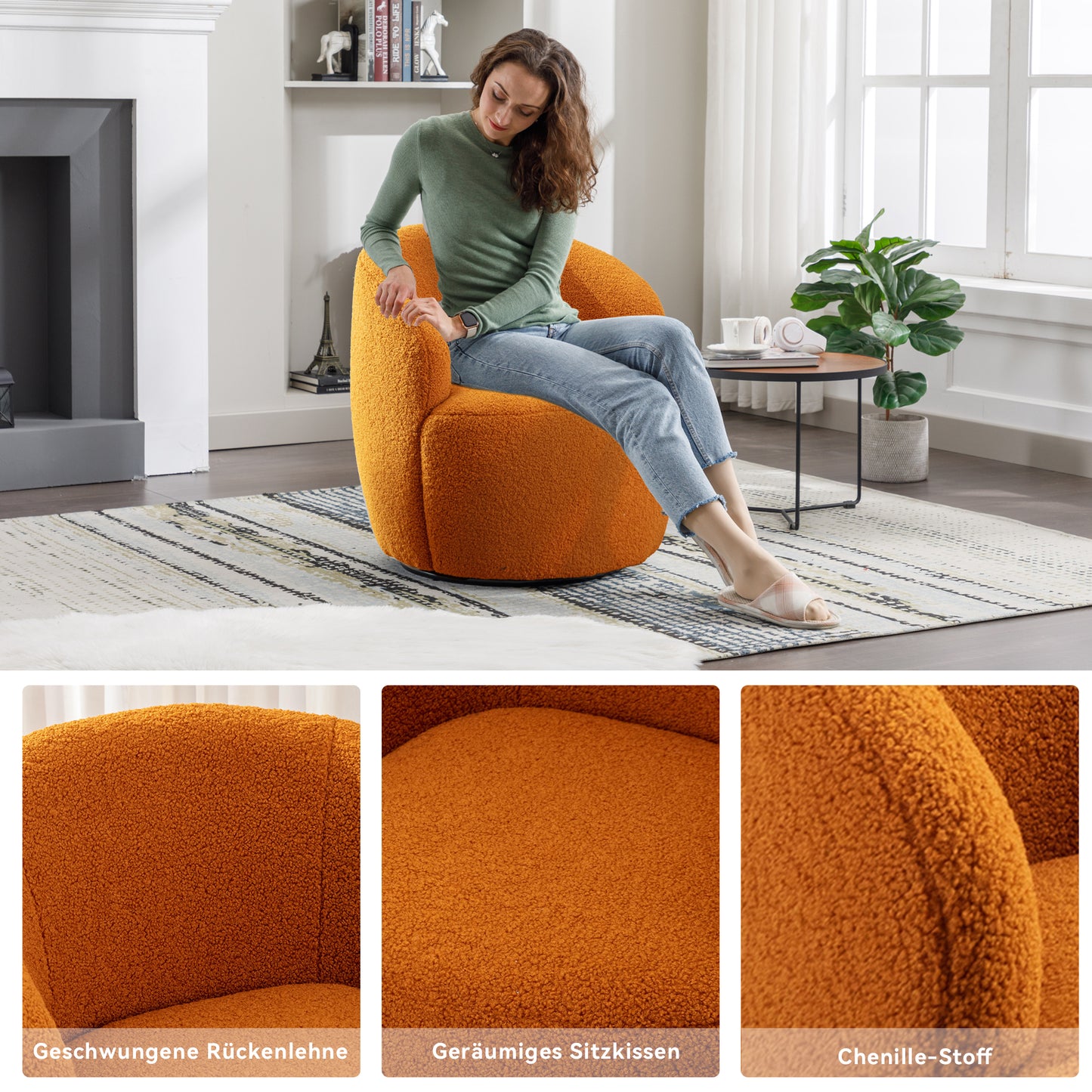 Drehbarer Akzentsessel aus weichem Teddy-Stoff mit Fassstuhl und schwarzem Pulverbeschichtungs-Metallring, Orange