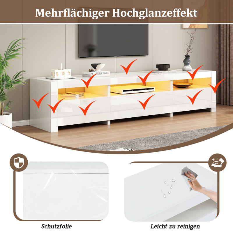 Weißer Hochglanz-TV-Schrank mit LED-Beleuchtung und Stauraum, weißes niedriges Paneel, bietet Platz für 80-Zoll-Fernseher, TV-Unterschrank mit herunterklappbarer Schranktür, 190 x 24 x 40 cm