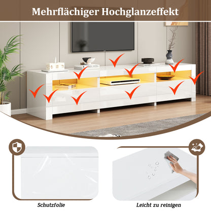 Weißer Hochglanz-TV-Schrank mit LED-Beleuchtung und Stauraum, weißes niedriges Paneel, bietet Platz für 80-Zoll-Fernseher, TV-Unterschrank mit herunterklappbarer Schranktür, 190 x 24 x 40 cm