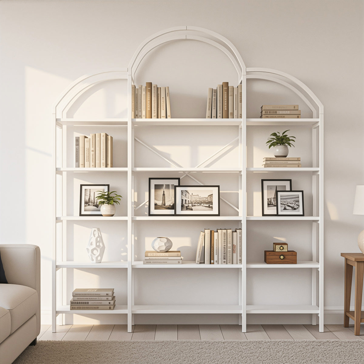 Regal 170x26x190 cm aus Stahl & MDF, 5 Ebenen Bücherregal mit Wolken-Dekor, modernes Standregal, stabil & pflegeleicht, Weiß