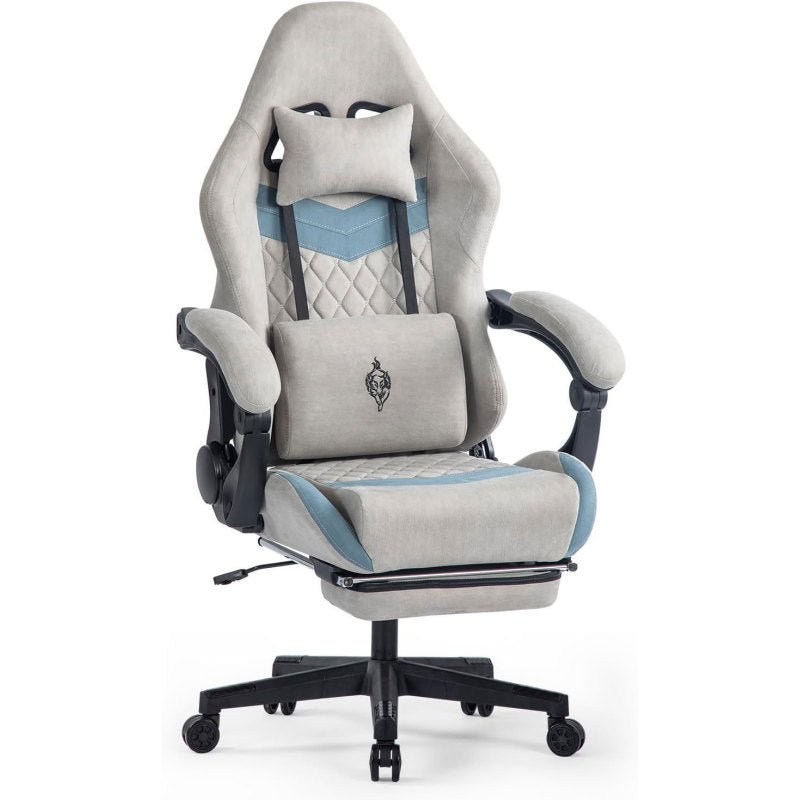 Gaming Stuhl mit Fußstütze Gaming Stuhl Stoff Bürostuhl mit Lendenwirbelstütze Ergonomischer Gaming Sessel Gaming Stuhl 150 kg Belastbarkeit Gamer Stuhl Verstellbare Armlehne, Grau