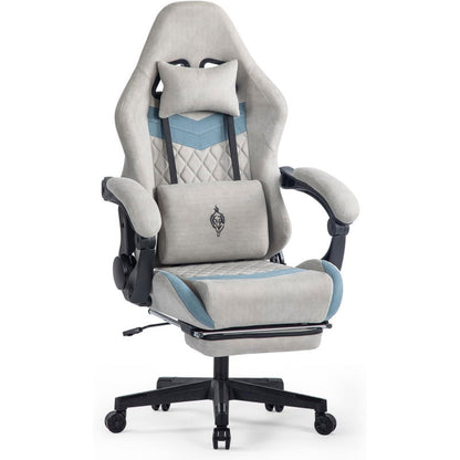 Gaming Stuhl mit Fußstütze Gaming Stuhl Stoff Bürostuhl mit Lendenwirbelstütze Ergonomischer Gaming Sessel Gaming Stuhl 150 kg Belastbarkeit Gamer Stuhl Verstellbare Armlehne, Grau