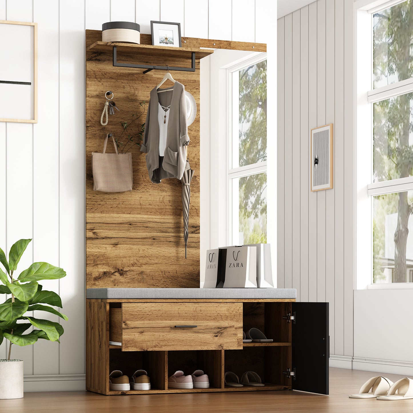 Garderoben Set in Holzoptik mit Spiegel, Schuhbank (104 x 39 cm) mit Polster, Schuhschrank, Schublade, Regal, Kleiderhaken – Praktisches Design für den Eingangsbereich