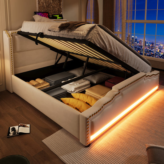 Polsterbett 140x200, Doppelbett mit hydraulischem Stauraum, LED-Beleuchtung und USB-C-Ladeanschluss, Stauraumbett und Jugendbett mit Lattenrost, Samt, Beige, ohne Matratze