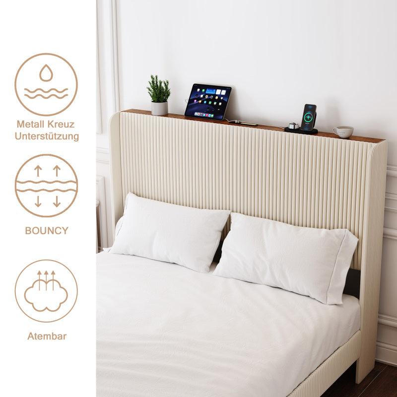 Bettrahmen gepolstertes Plattformbett mit Stoffköpfchen, Flügelkantendesign/Nicht-Rutscht- und Rauchfreien/Metalllatten/No BoxSpre 160*200