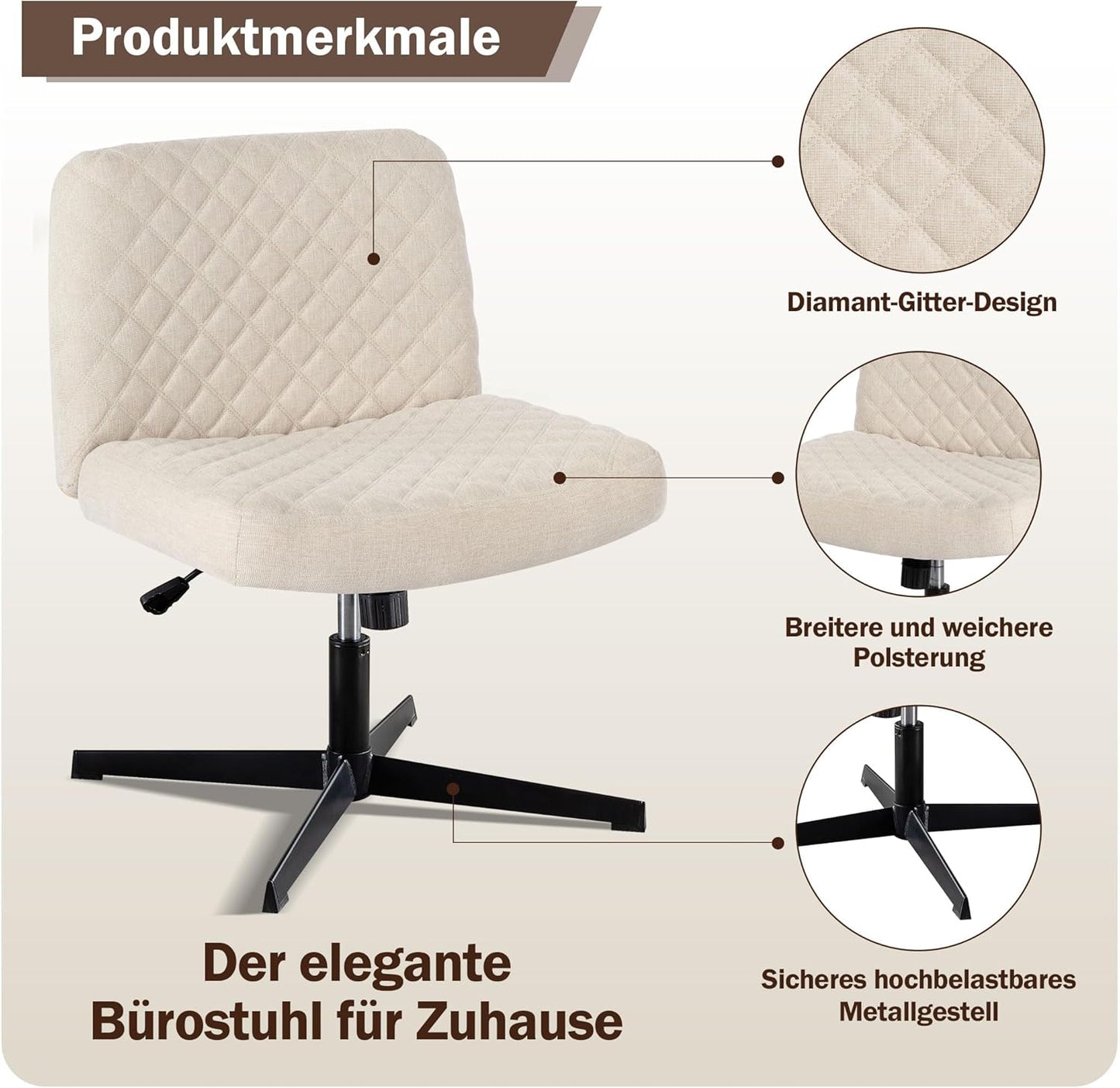 Bürostuhl Ohne Armlehnen,Home Office Stuhl Keine Räder,Heavy Duty Metallbasis,120°Schaukelnder breiter Sitz Ergonomischer Stuhl, Dicken gepolsterte Dreh Eitelkeit Stuhl für Heim und Büro Cream+Linen+Metal